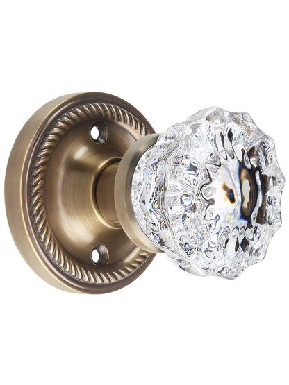 Rope Rosette Door Set with Fluted Crystal Glass Knobs in Antique-By-Hand.