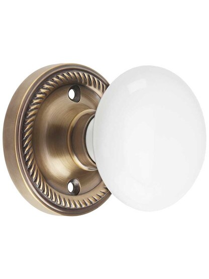 Rope Rosette Door Set with White Porcelain Knobs in Antique-By-Hand.