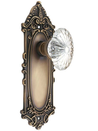 Largo Door Set with Oval Fluted Crystal Glass Knobs in Antique-By-Hand.