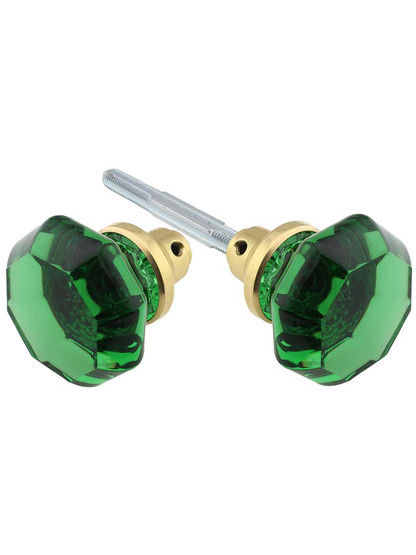 Pair of Emerald Octagonal Crystal Glass Door Knobs