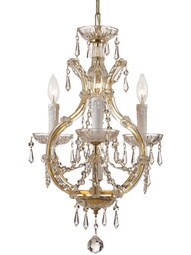 Maria Theresa Clear Crystal 4 Light Mini Teardrop Chandelier in Gold.