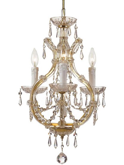 Maria Theresa Clear Crystal 4 Light Mini Teardrop Chandelier in Gold.