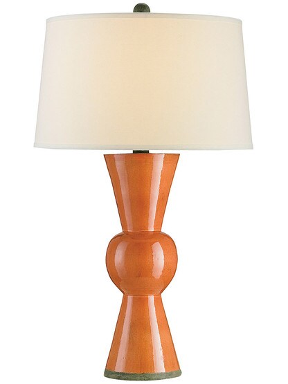 Upbeat Table Lamp in Orange With Off White Linen Shade.