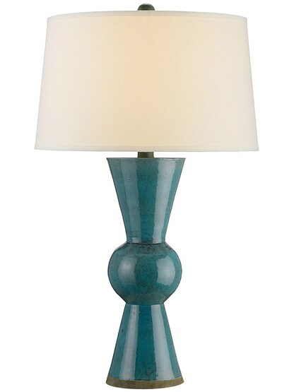 Upbeat Table Lamp in Teal With Off White Linen Shade.