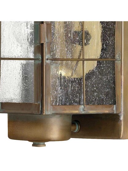 Alternate View of Aged Brass Nantucket Porch Light With Clear Seedy Glass.