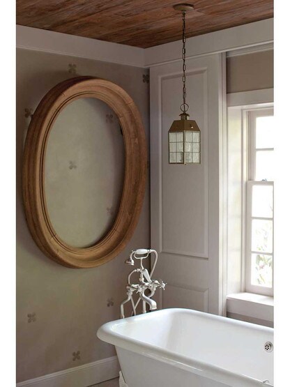 Alternate View of Aged Brass Nantucket Hanging Porch Light With Clear Seedy Glass.