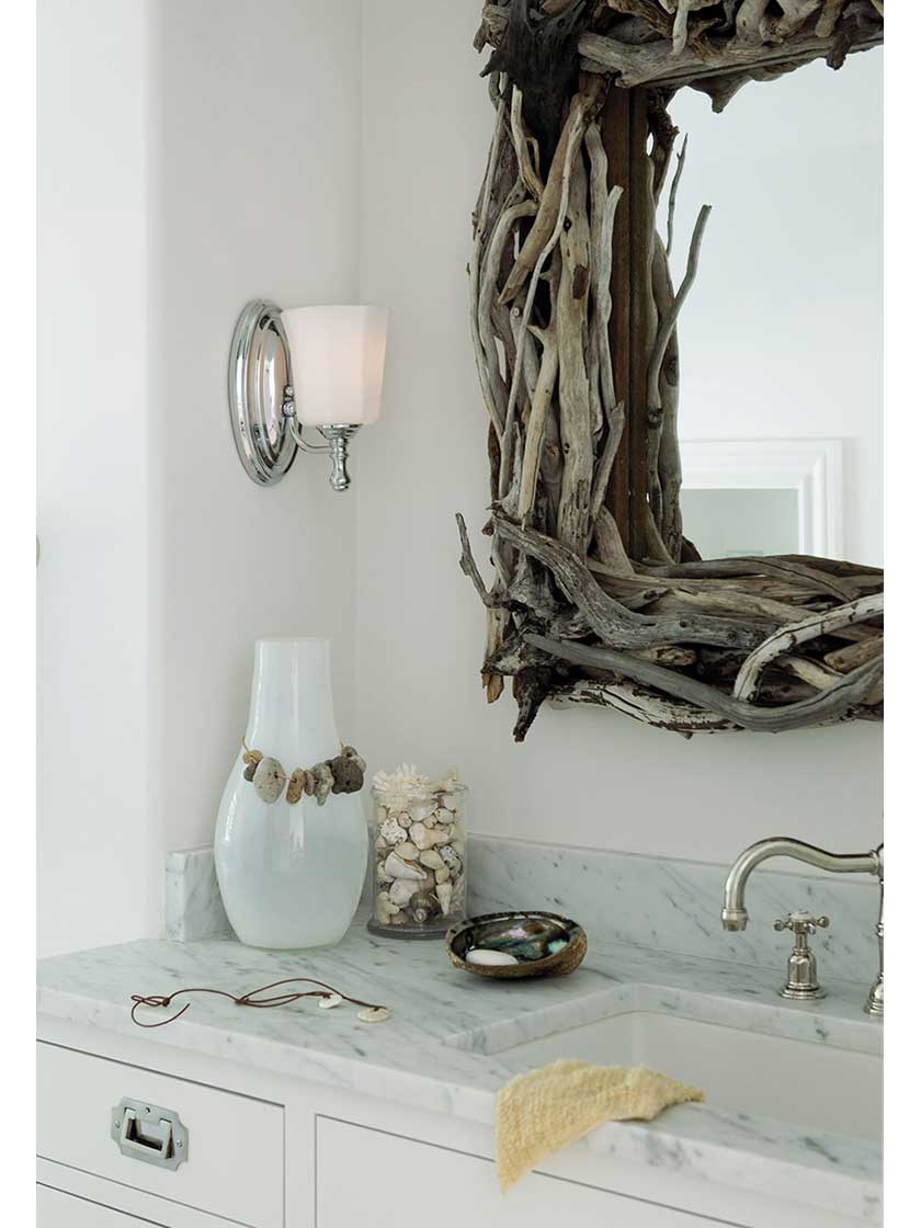 Alternate View of Shelly Single Sconce with Opal Glass Shade.