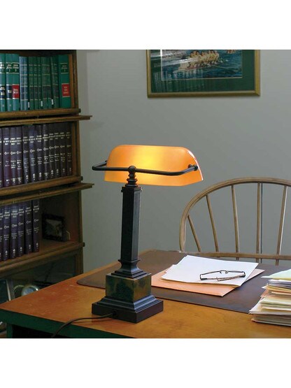 Alternate View of Emeralite 13 1/4-Inch Bankers Desk Lamp with Amber Glass Shade.