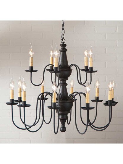 Alternate View of Harrison Wood and Tin Two-Tier 15-Light Chandelier.