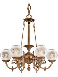 English Victorian 6 Light Chandelier With Etched Glass Shades