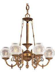 English Victorian 6 Light Chandelier With Etched Glass Shades