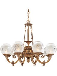 English Victorian 8 Light Chandelier With Etched Glass Shades