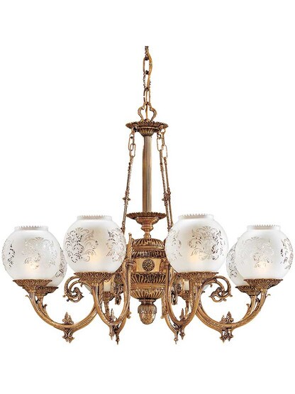 English Victorian 8 Light Chandelier With Etched Glass Shades