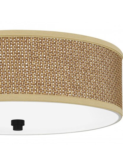 Rattan Drum Shade Flush Mount With Mystic Black Finish