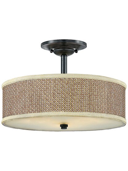 Rattan Drum Shade Semi Flush Mount With Mystic Black Finish