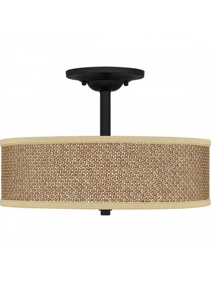 Rattan Drum Shade Semi Flush Mount With Mystic Black Finish