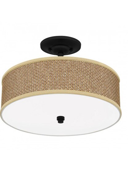 Rattan Drum Shade Semi Flush Mount With Mystic Black Finish
