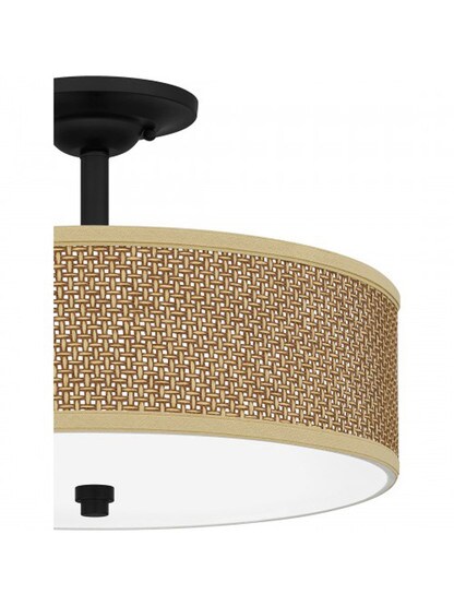 Rattan Drum Shade Semi Flush Mount With Mystic Black Finish