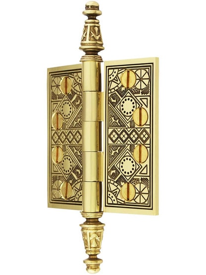 Alternate View of 3 1/2 inch Premium Brass Aesthetic Pattern Hinge With Decorative Steeple Tips