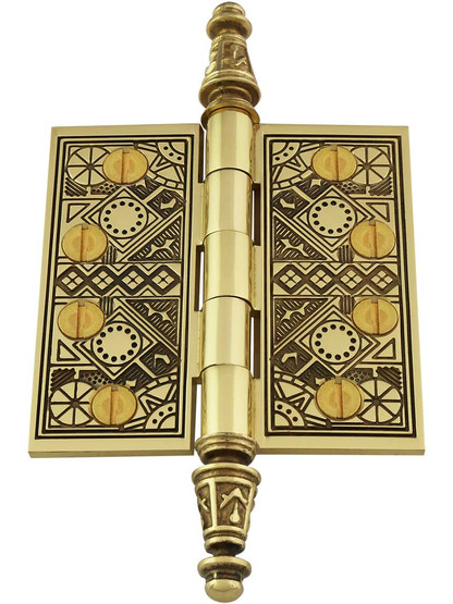 Alternate View 2 of 3 1/2 inch Premium Brass Aesthetic Pattern Hinge With Decorative Steeple Tips