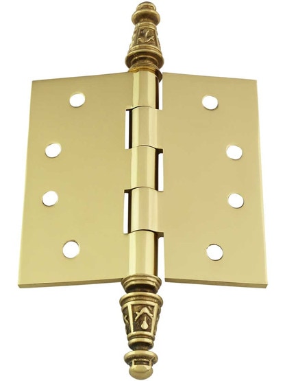 Alternate View 3 of 3 1/2 inch Premium Brass Aesthetic Pattern Hinge With Decorative Steeple Tips