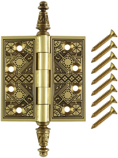 Alternate View 4 of 3 1/2 inch Premium Brass Aesthetic Pattern Hinge With Decorative Steeple Tips