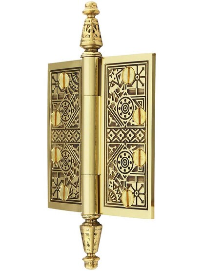 Alternate View of 4 inch Premium Brass Aesthetic Pattern Hinge With Decorative Steeple Tips