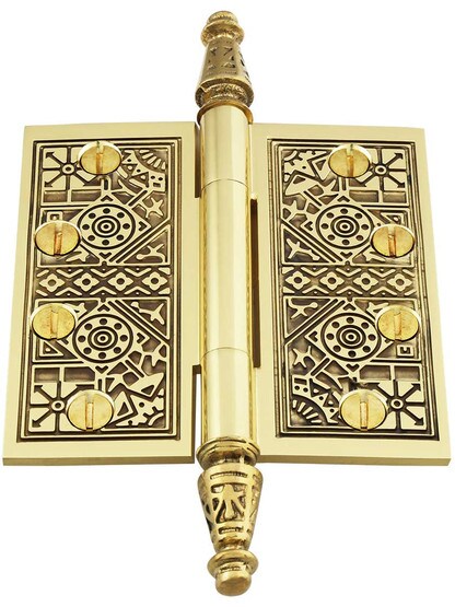 Alternate View 2 of 4 inch Premium Brass Aesthetic Pattern Hinge With Decorative Steeple Tips