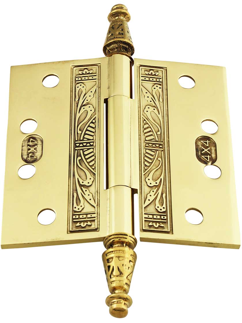 Alternate View 3 of 4 inch Premium Brass Aesthetic Pattern Hinge With Decorative Steeple Tips