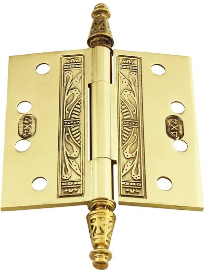 Alternate View 3 of 4 inch Premium Brass Aesthetic Pattern Hinge With Decorative Steeple Tips