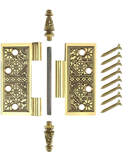 Alternate View 4 of 4 inch Premium Brass Aesthetic Pattern Hinge With Decorative Steeple Tips