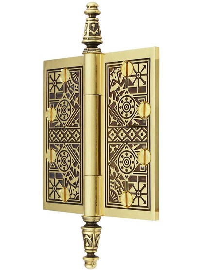 Alternate View of 4 1/2 inch Premium Brass Aesthetic Pattern Hinge With Decorative Steeple Tips