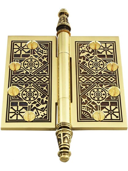 Alternate View 2 of 4 1/2 inch Premium Brass Aesthetic Pattern Hinge With Decorative Steeple Tips
