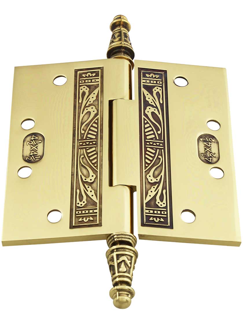 Alternate View 3 of 4 1/2 inch Premium Brass Aesthetic Pattern Hinge With Decorative Steeple Tips
