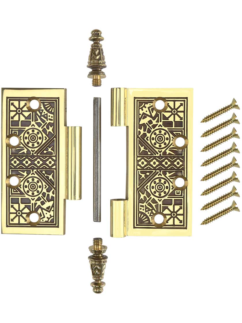 Alternate View 4 of 4 1/2 inch Premium Brass Aesthetic Pattern Hinge With Decorative Steeple Tips