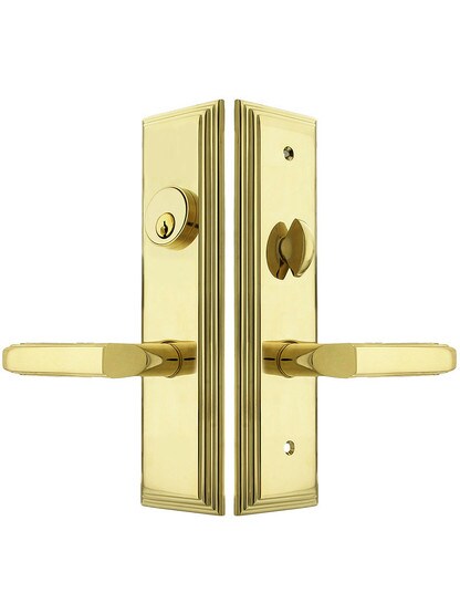 Manhattan F20 Function Mortise Lock Entryset in PVD with Left Hand Milano Levers, and Stop/Release Buttons.