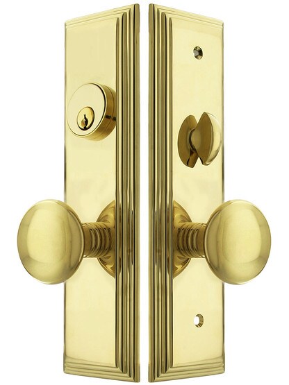 Manhattan F20 Function Mortise Lock Entryset in PVD with Left Hand Providence Knobs, and Stop/Release Buttons.