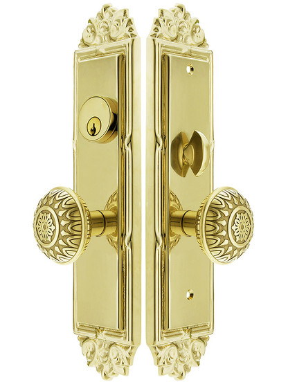 Regency F20 Function Mortise Lock Entryset in PVD with Left hand Lancaster Knobs in Polished Brass, and Stop/Release Buttons.