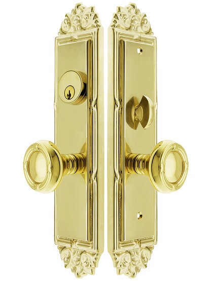 Regency F20 Function Mortise Lock Entryset in PVD with Left Hand Ribbon and Reed Knobs, and Stop/Release Buttons.