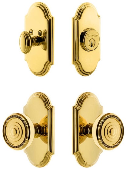 Grandeur Arc Entry Door Set, Keyed Alike with Soleil Knobs in PVD.