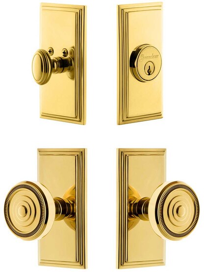 Grandeur Carre Entry Door Set, Keyed Alike with Soleil Knobs in PVD.