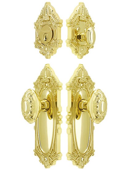 Grandeur Grande Victorian Entrance Door Set, Keyed Alike with Decorative Oval Knobs in PVD.