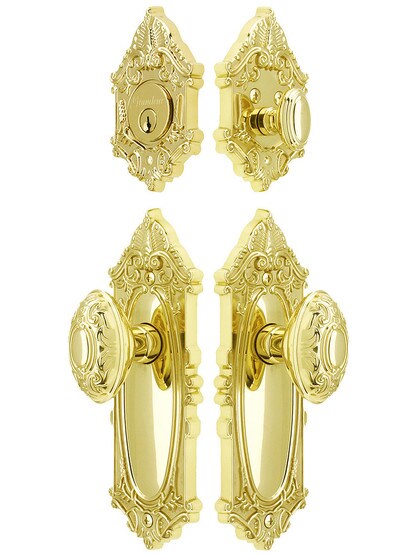 Grandeur Grande Victorian Entrance Door Set, Keyed Alike with Decorative Oval Knobs in PVD.