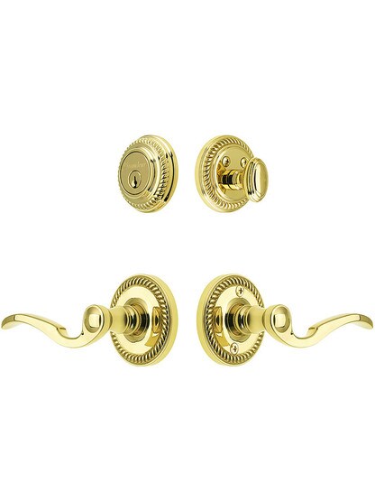 Grandeur Newport Entry Door Set, Keyed Alike with Bellagio Levers Left Handed in PVD.