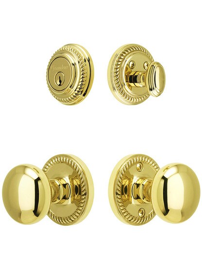 Grandeur Newport Entry Door Set, Keyed Alike with Round Brass Knobs in PVD.