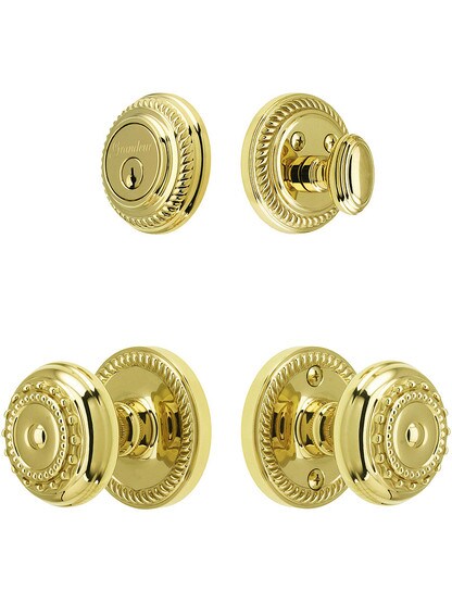 Grandeur Newport Entry Door Set, Keyed Alike with Parthenon Knobs in PVD.