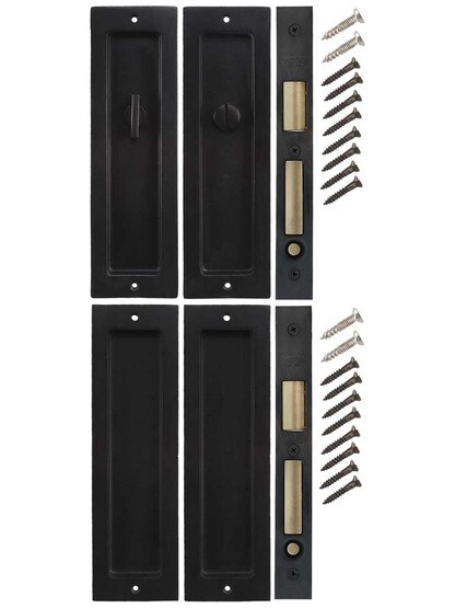 Alternate View of Solid Bronze Double Pocket Door Mortise-Lock Set with Rectangular Pulls.