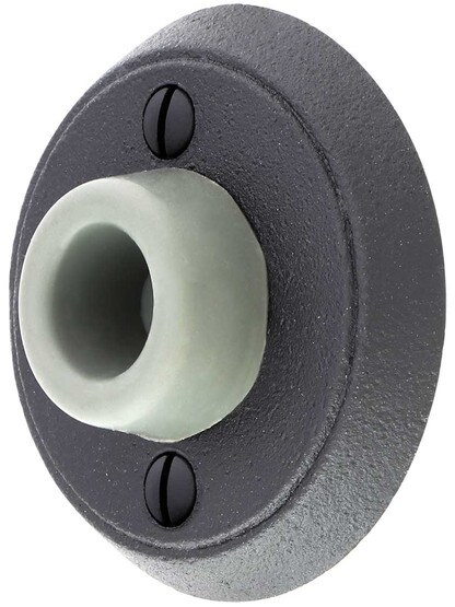 Wrought Steel Wall-Mount Door Stop with Classic Rosette and Rubber Bumper.