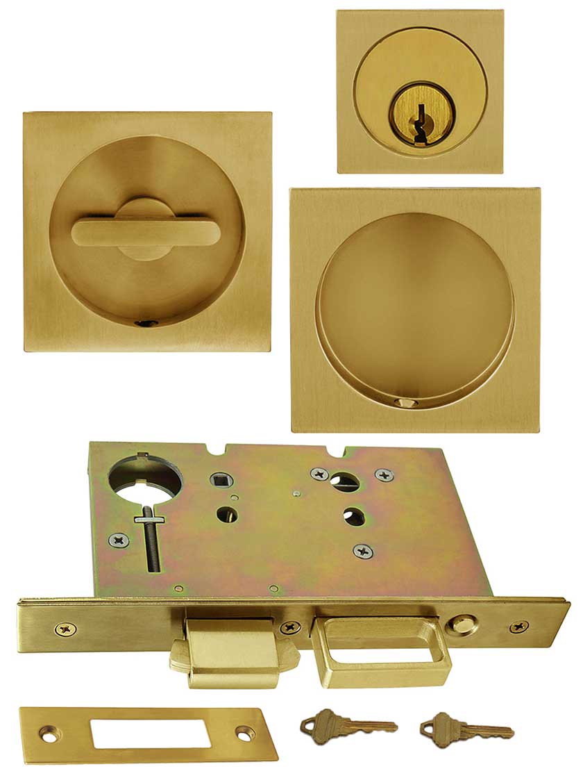 Premium Keyed Pocket-Door Mortise Lock Set with Square Pulls | House of  Antique Hardware, image size:840x1120