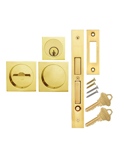 Alternate View of Premium Keyed Pocket-Door Mortise Lock Set with Square Pulls.